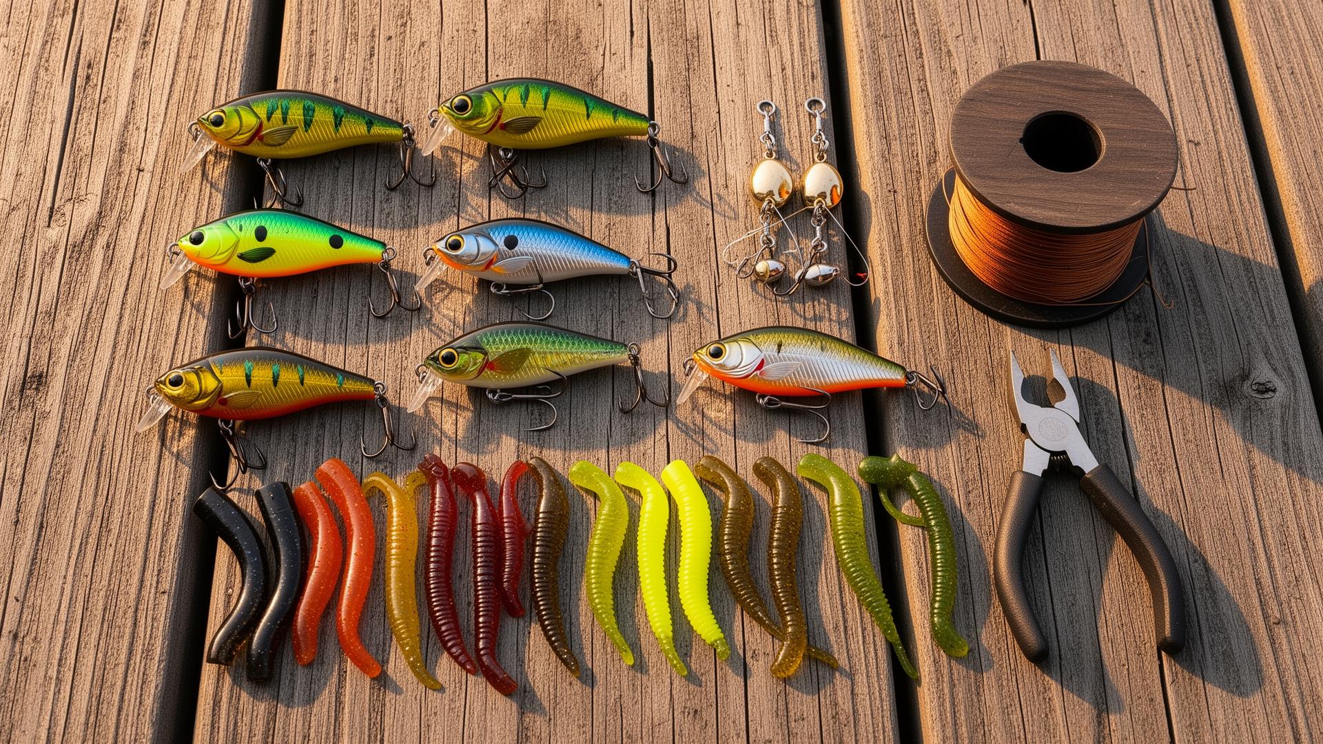 Bass tackle laid out on a wooden dock