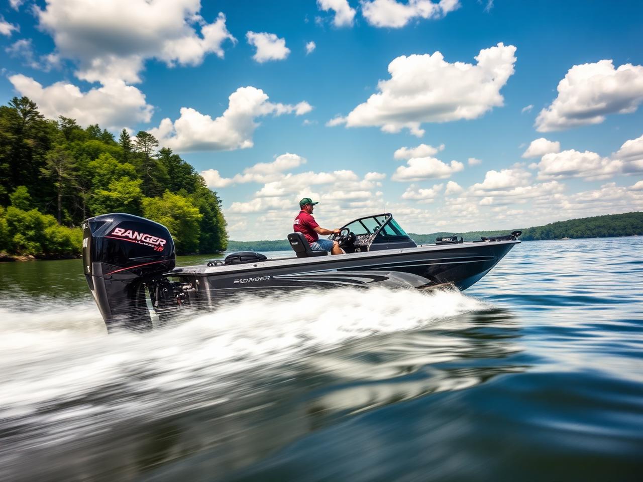 Bass boat moving across an Ozark lake