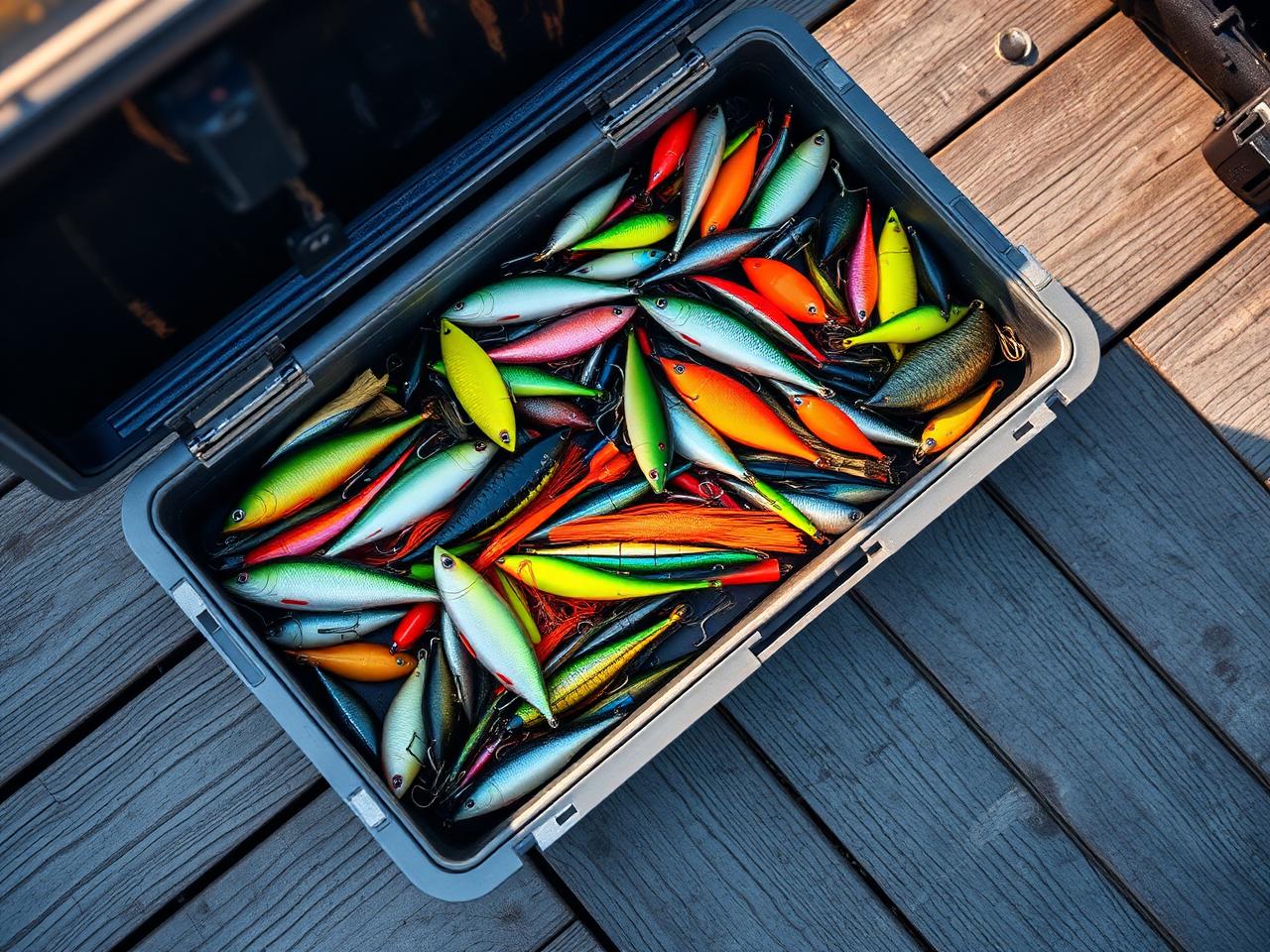 Bass fishing tackle box with custom-built lures